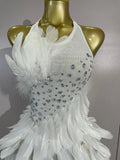 Luxury Rhinestone Sexy Halter Feather White Mini Dress Celebrate Evening Party Birthday Dress Stage Performance Dance Costume