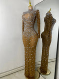 Sparkly Rhinestone Women Sexy Mesh See Through Floor Length Long Sleeve Birthday Dress Party Nightclub Stage Wear