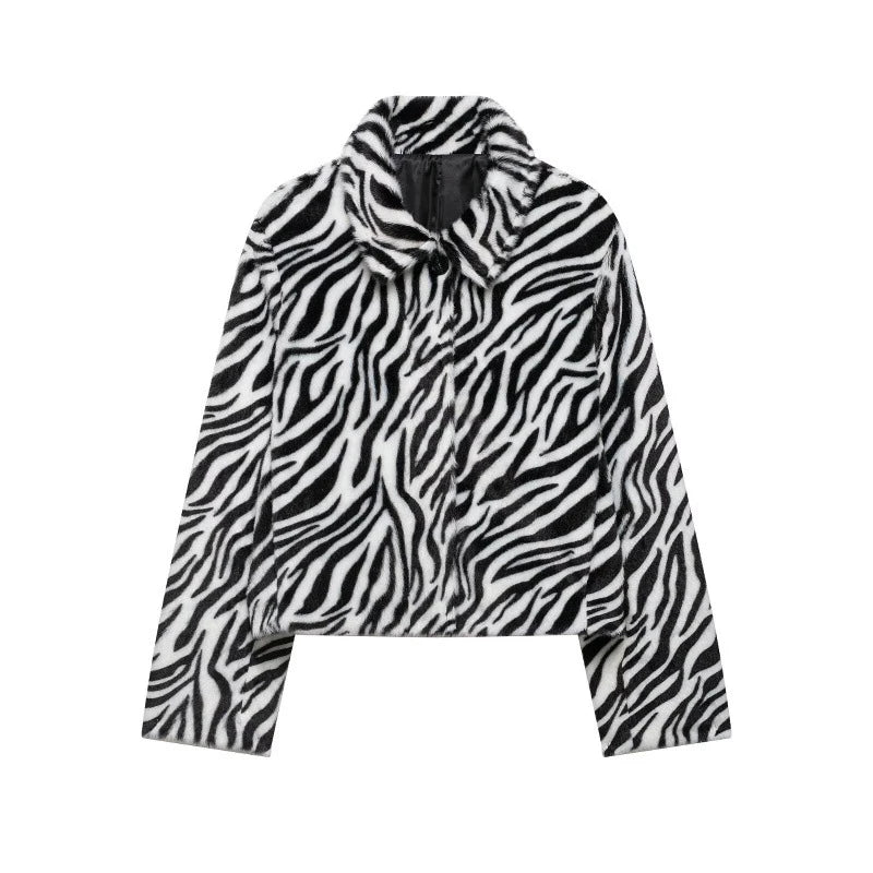 Women Chic Zebra Print Faux Fur Cropped Jacket Lapel Collar Single Breasted Warm Short Coat Autumn Winter Fashion Street Jackets