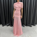 Luxury Galas Event Black Sheer Mesh Ruched Maxi Dress for Women O Neck Short Sleeves Bodycon Silhouette Skirt for Red Carpet