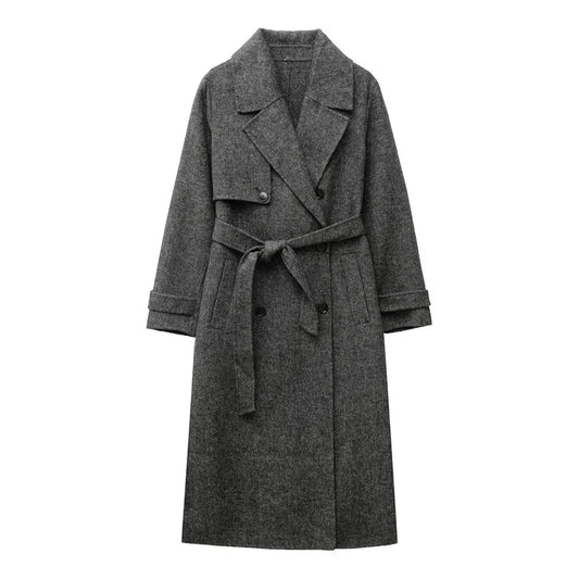 New Women's Wool Blend Lapel with Belt Double Breasted Woolen Coat Coat Women's Trench Coat