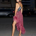 Solid Slim Backless Dresses For Women Round Neck Sleeveless High Waist Spliced Feather Irregular Dress Female New