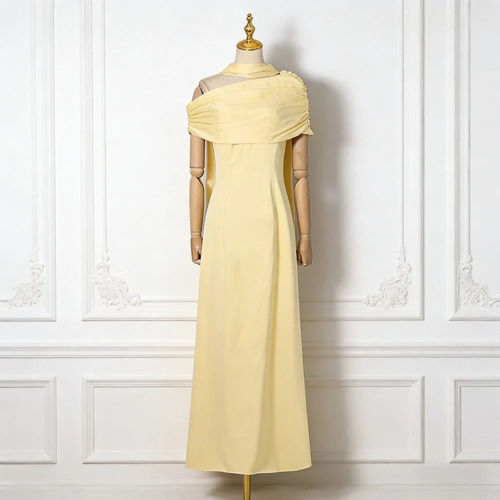 Formal Evening Party Solid Dress for Women Diagonal Collar Off Shoulder High Waist Elegant Maxi Dresses with Ribbon Female