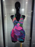 Sparkly Colorful Rhinestones Women Sexy Halter Backless Off the Shoulder Mesh Bodycon Mini Dress Celebrate Nightclub Party Wear