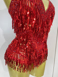 Luxury Sparkly Rhinestone Sequins Tassel Mesh Bodysuits Women Celebrate Eveing Birthday Party Nightclub Bar Dencer Stage Costume