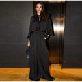 Solid Color Tie Neck Satin Blouse Wide Leg Pants Two Piece Set Long Sleeve Loose Fit 2026 Spring Daily Vacation Women Outfit
