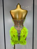 Women Sexy Sparkly Diamonds Strapless Mesh See Through Mini Dress Evening Party Birthday Nightclub Bar Stage Performance Costume