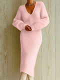 Women Knit Midi Dresses V Neck Bubble Sleeve Fuzzy Bodycon Elegant Party Daily Outfit Autumn 2026