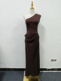 Solid Slimming Dresses for Women Slanted Collar Sleeveless High Waist Temperament Dress Female Fashion
