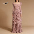 Wedding Guest Pink Square Collar Lace Maxi Dress for Women Corset Bodice Long Sleeve Tiered Ruffle Skirt for Luxury Dinner