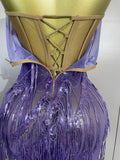 Sexy Purple Strapless Mesh See Through Long Dress Sparkly Diamond Tassel Birthday Evening Party Nightclub Bar DJ Show Stage Wear