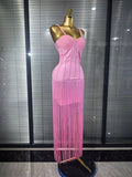 4 Colors Women Sexy Strap Shining Beading Long Tassles Bodycon Long Bandage Dress Elegant Evening Party Celebrate Birthday Wear