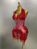 Sexy Sparkly Rhinestones Halter Backless Mesh Velour Short Dress Women Evening Prom Celebrate Birthday Party Stage Wear