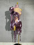 Women Sexy Purple Leaf Sequins Mesh One-Shoulder Tassel Dance Costume Suitable for Competition Performance Cocktail Party Dancew