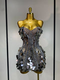 Sparkly Silver Rhinestone Sequins Strapless Mesh See Through Mini Dress Birthday EveningParty Nightclub Singer Stage Costume