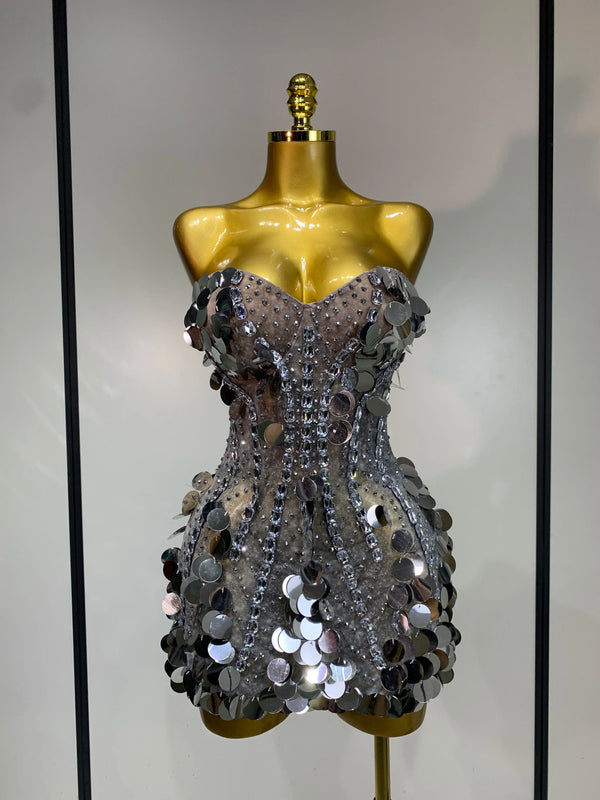 Sparkly Silver Rhinestone Sequins Strapless Mesh See Through Mini Dress Birthday EveningParty Nightclub Singer Stage Costume