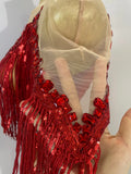 Sexy Sparkly Red Diamonds Tassel Mesh See Through Long Dress Women Eveing Birthday Party Nightclub Singer Stage PhotoShoot Wear