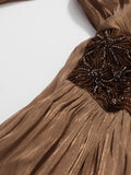 French Retro Vacation Dress for Women V Neck Lantern Sleeve Spliced Bead Square Scarf Tunic Temperament Long Dresses Female