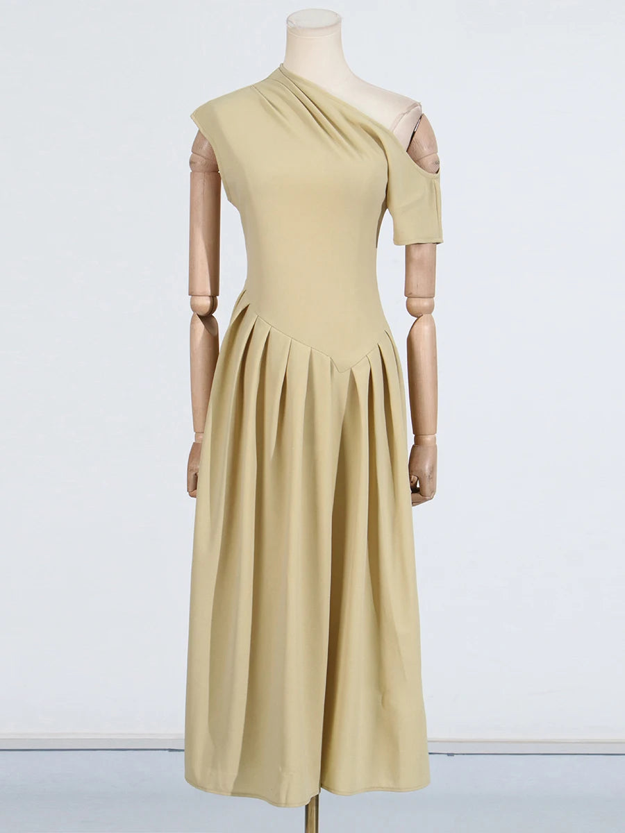 Solid Slimming Temperament Dresses for Women Diagonal Neck Short Sleeves Patchwork Ruffles Fold Dress Female New