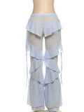 Street Hot Girl Style Pants for Women Low Waist Spliced ruffled Fashion Sheer Mesh Flared Trousers Female Autumn