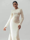 Solid Color Elegant Party Vestido Women'S Spliced Mesh Sequin Slim Long Sleeved Maxi Long Dress
