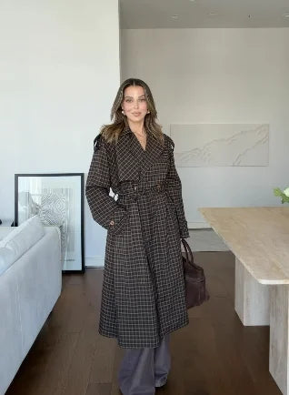 2026 Women Winter Plaid Trench Coat Single Breasted Waist Tie Loose Jacket Autumn High Street Daily Chic Hot Lux Outerwear 2026