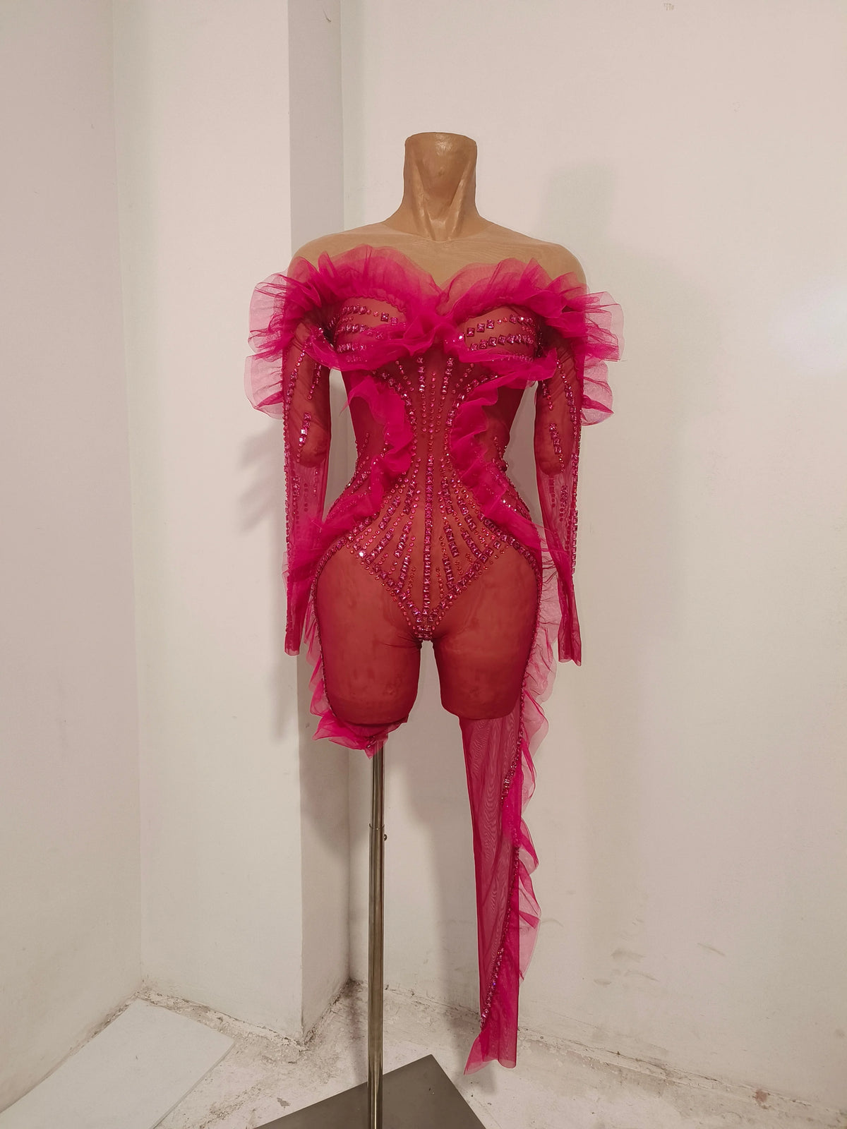 Women Celebrity Evening Party Bar Nightclub Dancer Sexy Stage Costumes Sparkly Rhinestone Long Sleeves Mesh See Through Jumpsuit
