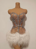 Diamonds Mesh Sexy See Through Cocktail Mini Dress Women Eveing Luxury Birthday Party Singer Nightclub Show Stage Costume