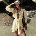 Lace Up Shirt Dress Women's Summer New Vacation Lazy Solid Lapel Bodycon Irregular Shirt Dress Female Travel Beach Dress