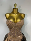 Women Sexy Strapless Sparkly Rhinestone Sequins Mesh See Through Mini Dress Eveing Party Birthday Nightclub Singer Stage Costume