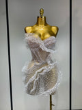 Women Sexy Strapless Pearl Ruched Bodycon Mini Dress Nightclub Birthday Evening Party Bar Singer Stage Performance Costume