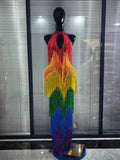 Rainbow Color Women Sexy Off the Shoulder Fringes Bodycon Long Gowns Dress Elegant Evening Party Celebrate Prom Outfit