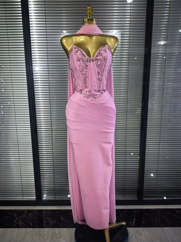 3 Colors Women Sexy Strapless Shining Crystal Bodycon Long Bandage Dress Evening Party Celebrate Elegant Cocktail Outfit