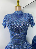 Sexy Women Short Sleeve Sparkly Sequins Stage Dress Luxury Evening Party Nightclub Performance Costume Stage Wear