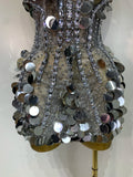 Sparkly Silver Rhinestone Sequins Strapless Mesh See Through Mini Dress Birthday EveningParty Nightclub Singer Stage Costume