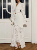 White High End Two Piece Set for Women V Neck Long Sleeve Slimming Top High Waist Asymmetrical Long Skirt Luxury Suit Female