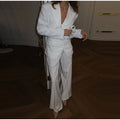 Women Solid Lapel Neck Top Pant Suit Set Elegant Full Sleeve Single Breasted Slim Coat Leg Loose Pants Suit Lady New Chic Sets