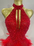 Women Sexy Celebrate Birthday Dress Luxury Rhinestones Pearls Feathers Halter Backless Short Dress Nightclub Bar Stage Costume