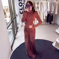 Sexy Backless Long Dress For Women Turtleneck Evening Party Ruched Dress Elegant Solid Long Sleeve Streetwear Maxi Dress