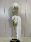 Luxury Sparkly Rhinestones Pearl Fringe Tassel Bodycon Bodysuits Birthday Photo Shoot Outfit DJ Nightclub Performance Stage Wear