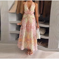 Sexy V-neck Halter Backless Printed Long Dress Women Sleeveless Lace Up High Waist Slim A-line Maxi Dress Lady Chic Casual Dress