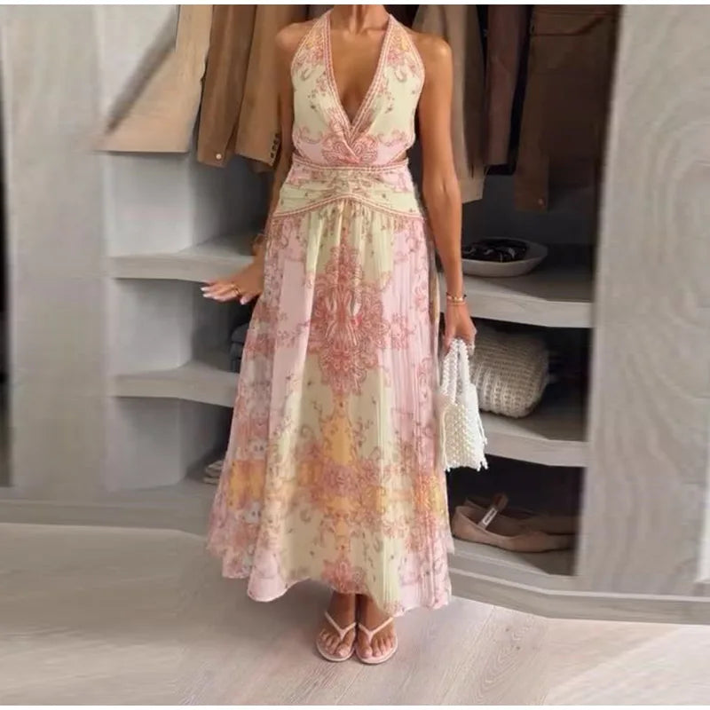 Sexy V-neck Halter Backless Printed Long Dress Women Sleeveless Lace Up High Waist Slim A-line Maxi Dress Lady Chic Casual Dress