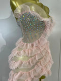 Sexy Strapless Mesh Ruffled Pink Long Dress Sparkly Diamond Birthday Evening Party PhotoShoot SeeThrough Nightclub Stage Costume