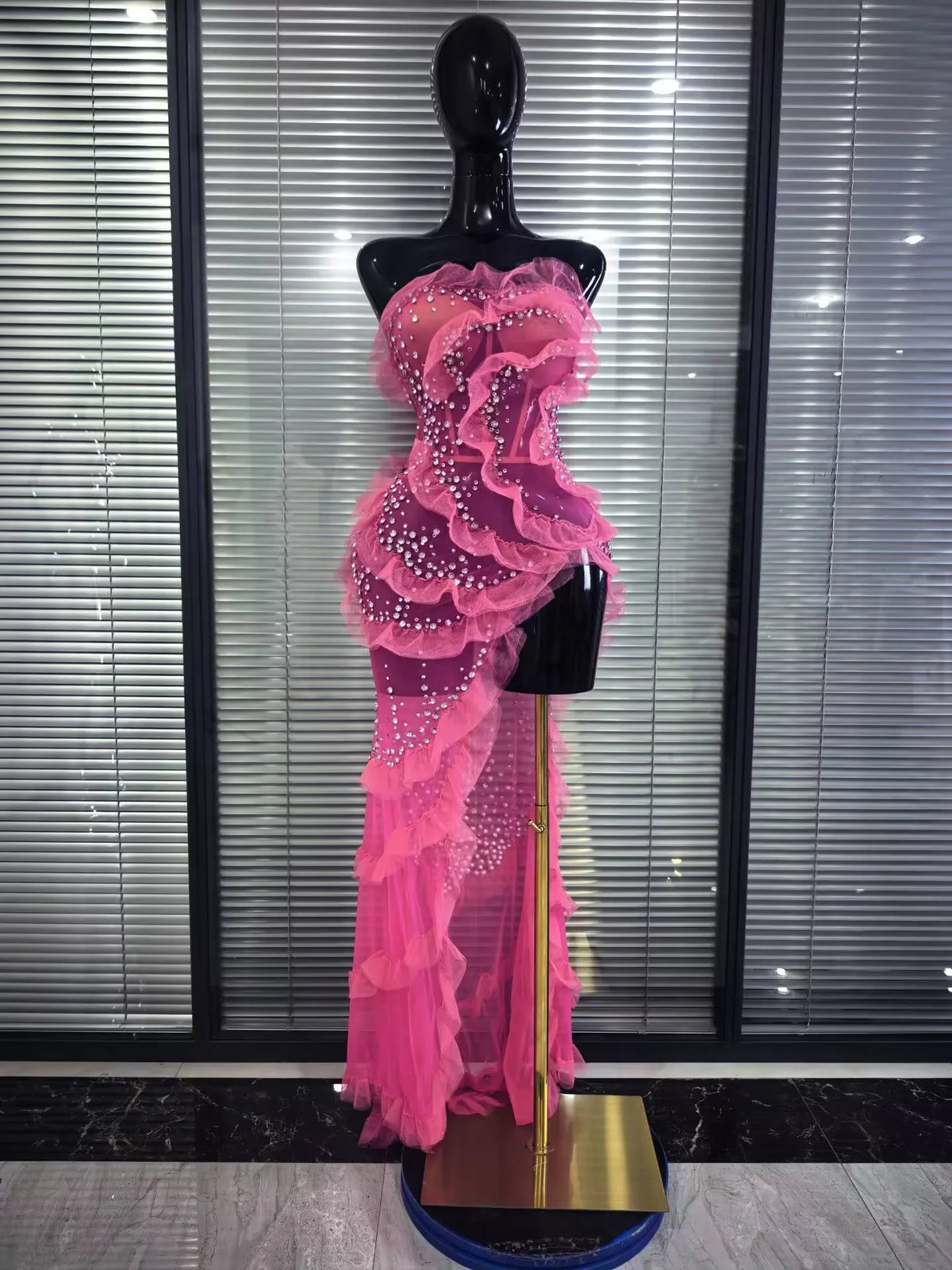 Women Sexy Strapless Shining Rhinestones Mesh Ruffles Bodycon Long Maxi Dress Celebrate Nightclub Party Birthday Cocktail Outfit