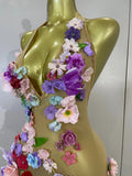 Sparkly Diamonds 3D Flower Sexy Halter Mesh See Through Long Dress Women Evening Party Birthday Photoshoot Nightclub Stage Wear
