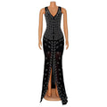 Elegant Diamond Sheer Mesh High Split Floor Length Long Dress Women Chic Prom Vestidos Sexy Backless Party Club Dresses
