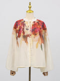 Vintage Loose Two Piece Set for Women V Neck Puff Sleeve Spliced Lace Up Top High Waist Fold Printing Skirt Suit Female New