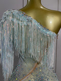 Women Mesh See Through Mini Dress Sexy One Shoulder Sparkly Rhinestone Tassel Latin Dance Nightclub Bar Party Club Stage Wear