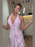 Sexy Pleated Ruffles Women's Short Dress Slim Halter Sleeveless Backless Zipper Party Dresses 2026 Summer Lady Pink Vestidoes