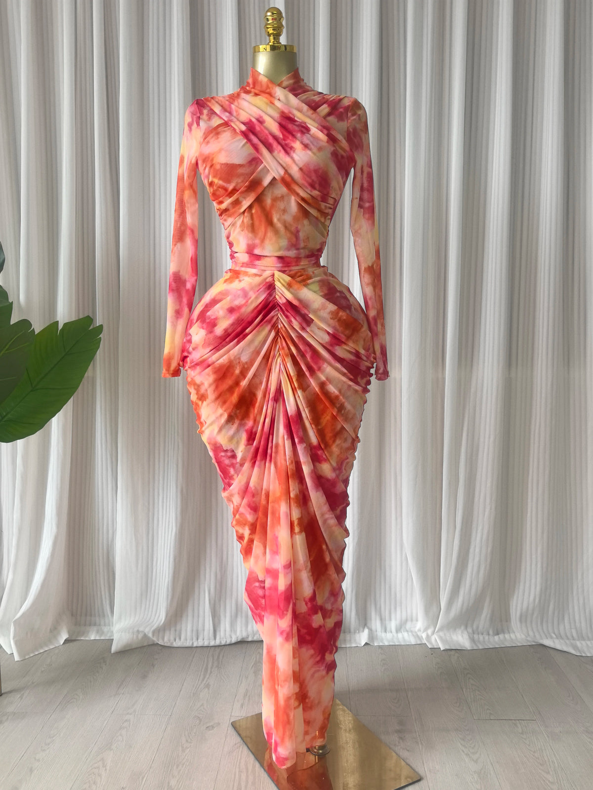 Tie Dye Printed Women Set Wrap Crop Top + Ruched Maxi Skirt 2026 Summer Beach Vacation Birthday Two Piece Set Outfits